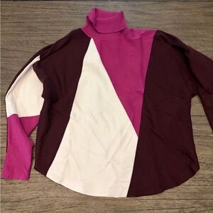 Chic Colorblock Turtleneck Sweater - Pink, Cream, and Brown